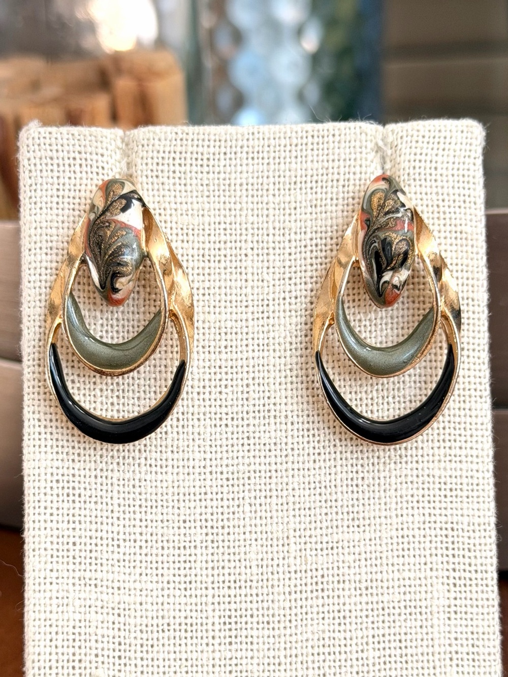 Vintage Gold Tone Enamel Sculptural Statement Pierced Earrings